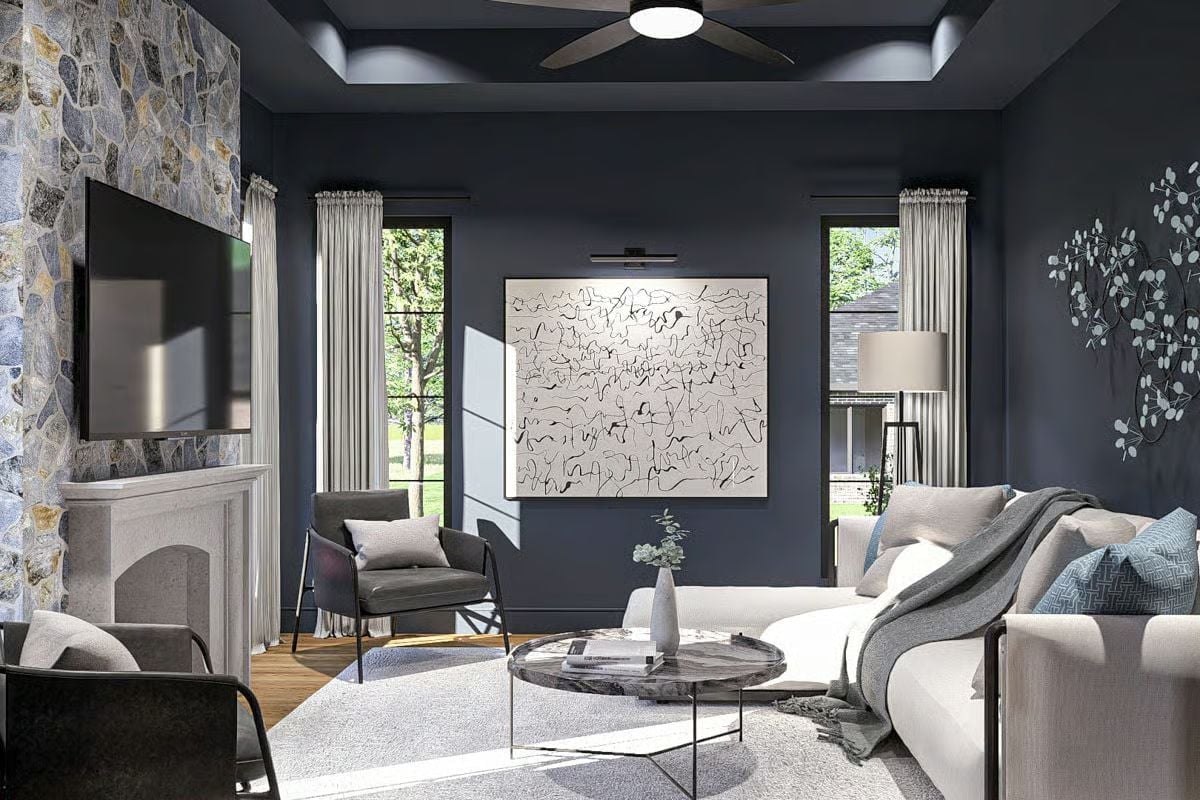 Navy Walls and a Stone Fireplace Column That Anchor the Whole Room