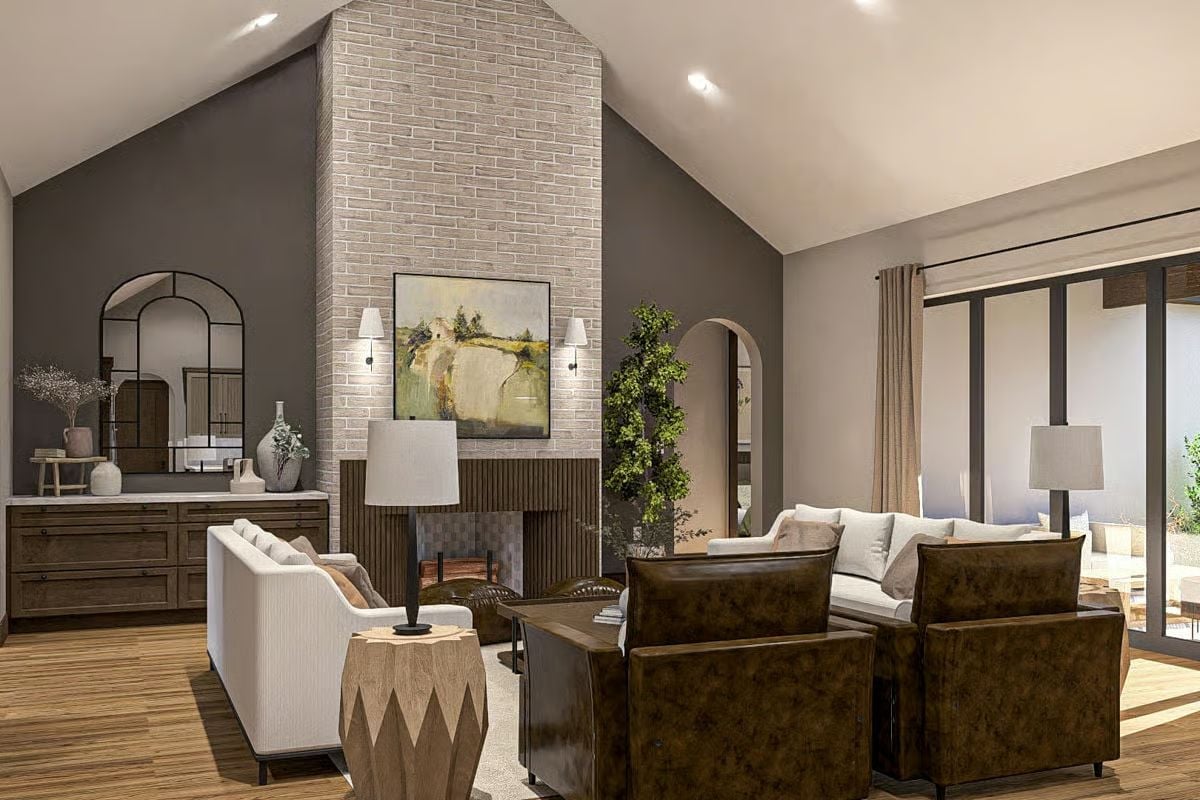 Vaulted Brick Fireplace That Earns Every Inch of Ceiling It Takes Up