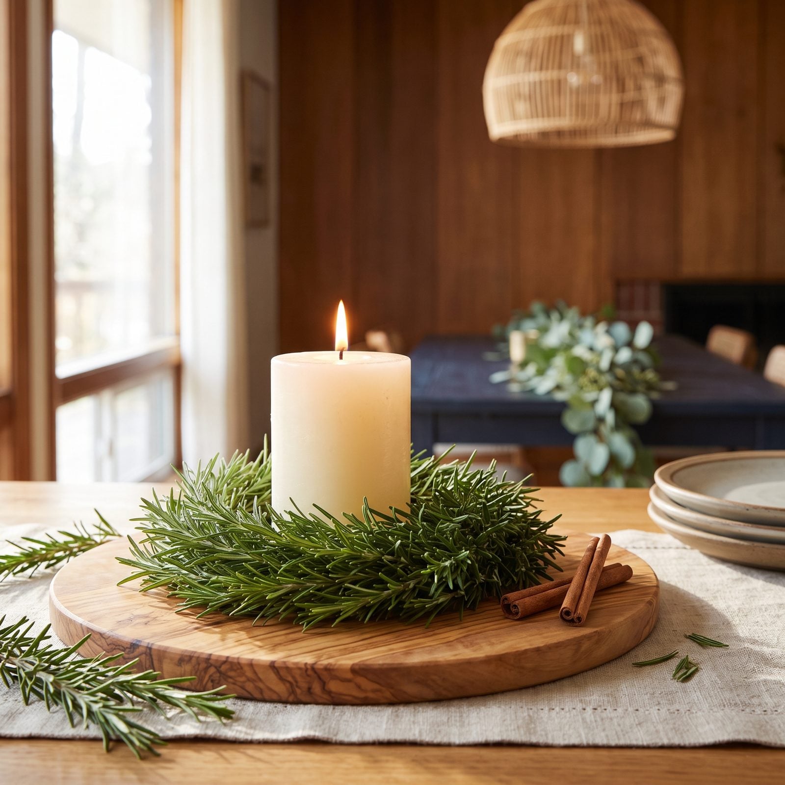 A Rosemary Wreath Encircling a Pillar Candle