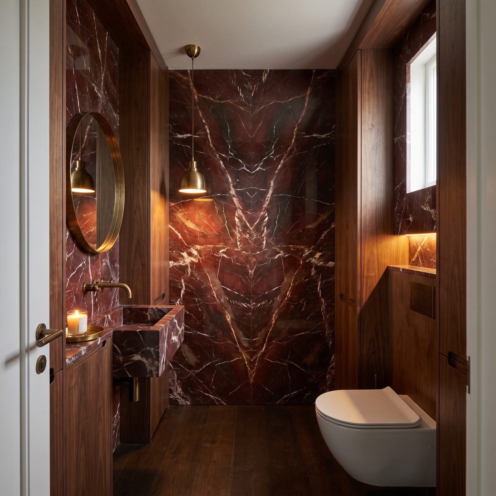 Rosso Levanto Jewel Box Framed in Smoked-Walnut Cabinetry