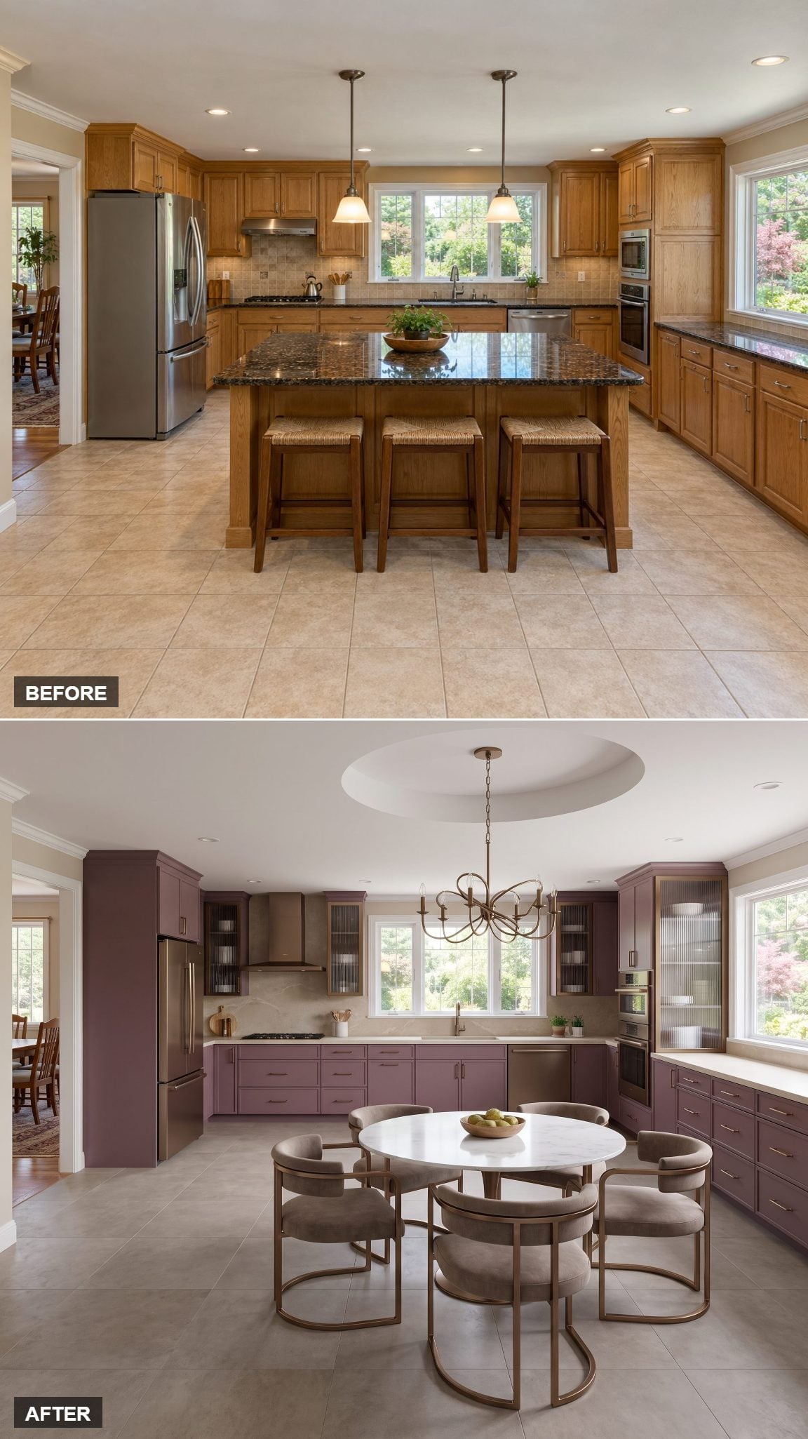 Round Marble Table in a Plum-and-Bronze Kitchen