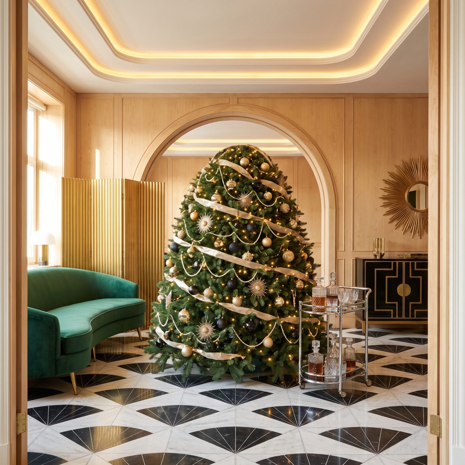 A Rounded Tree Balancing an Art Deco Room's Curves