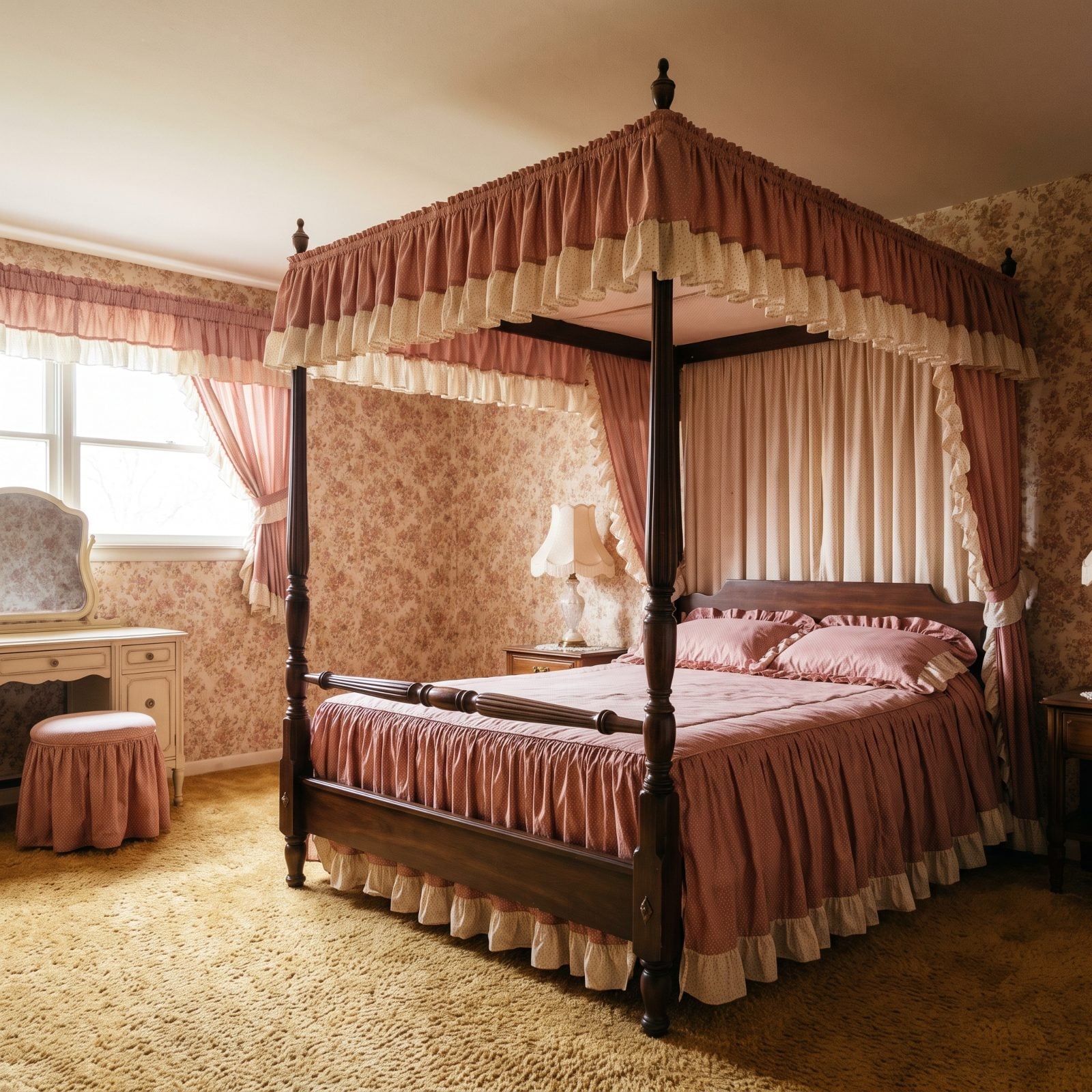 A Ruffled Canopy Bed Crammed Into a Low-Ceilinged Room