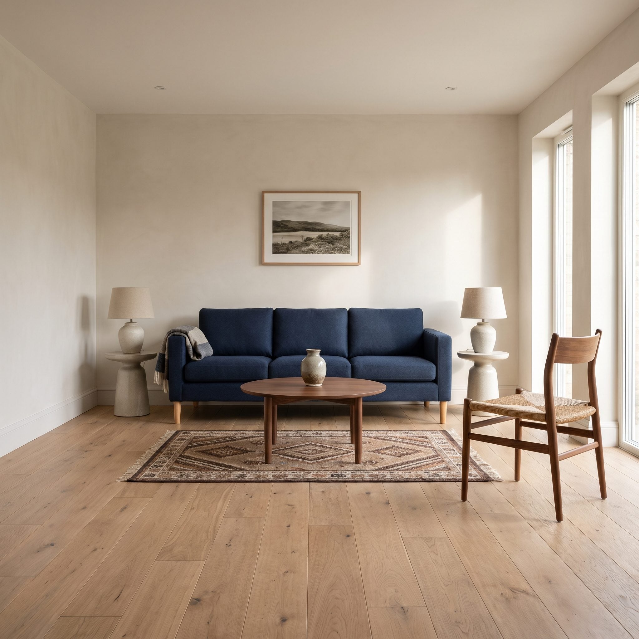 Navy sofa with only its front legs on a small rug, rear legs and side chair on bare floor.