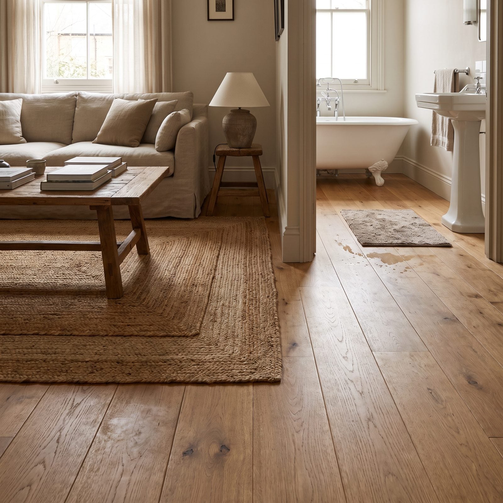 Oak hardwood running from a hallway into a bathroom, with darkened cupped planks near the shower and tub.