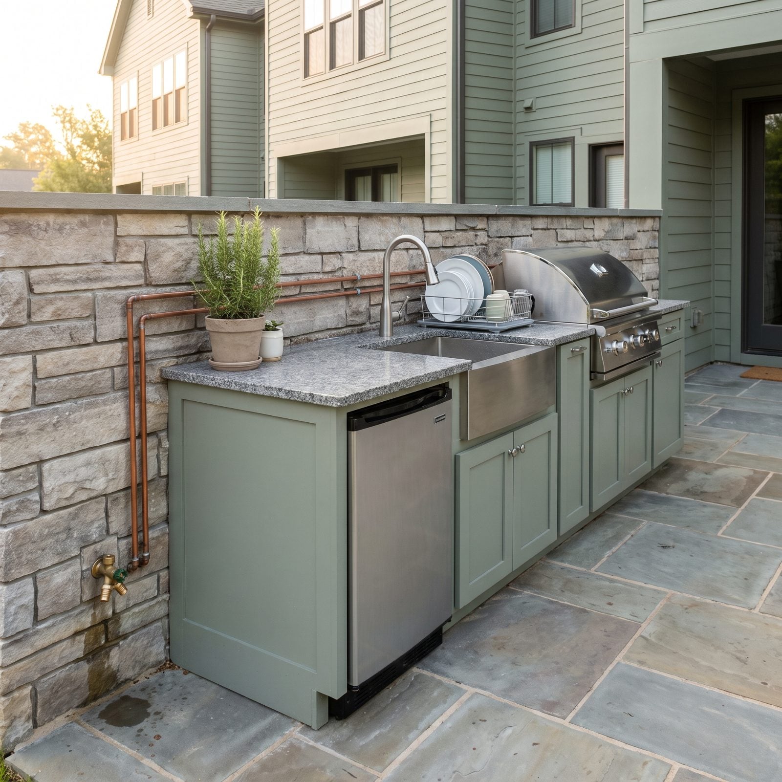 Outdoor kitchen with a stainless sink and exposed water lines with no shutoff valve and a cracked brass hose bib.