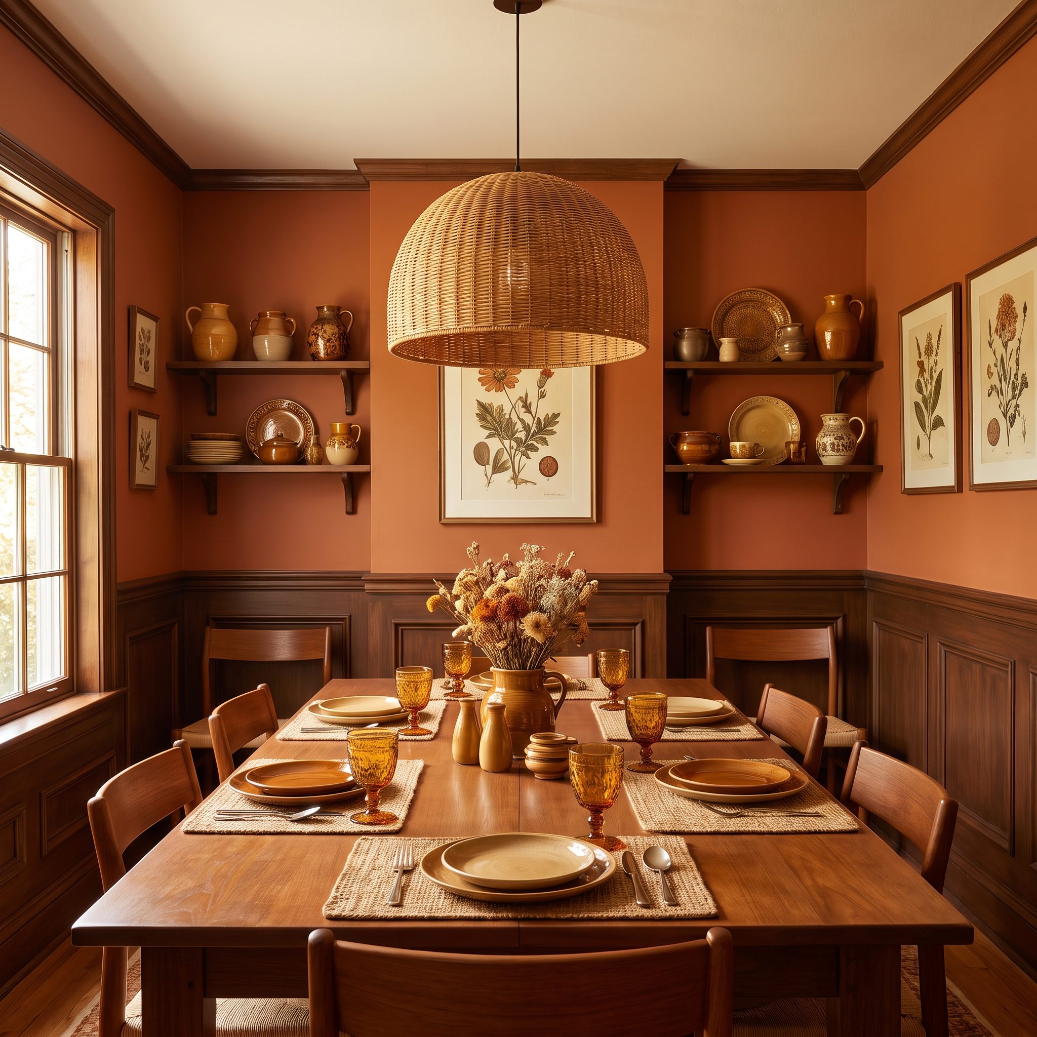 Rust Dining Room, Walls and Woodwork Wrap the Table in Warmth