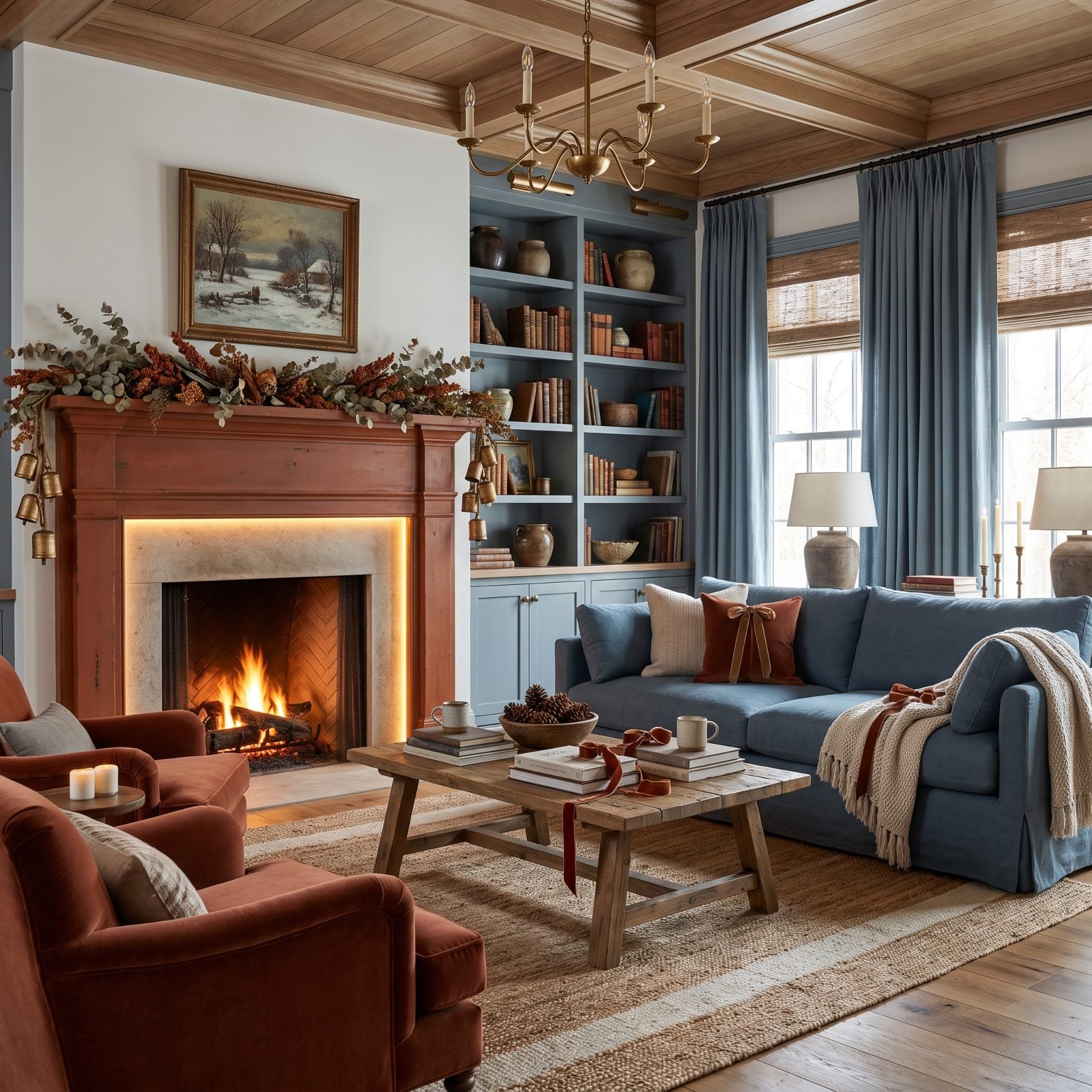 Rust and Dusty Blue: A Christmas Living Room That Skips the Candy Cane Script