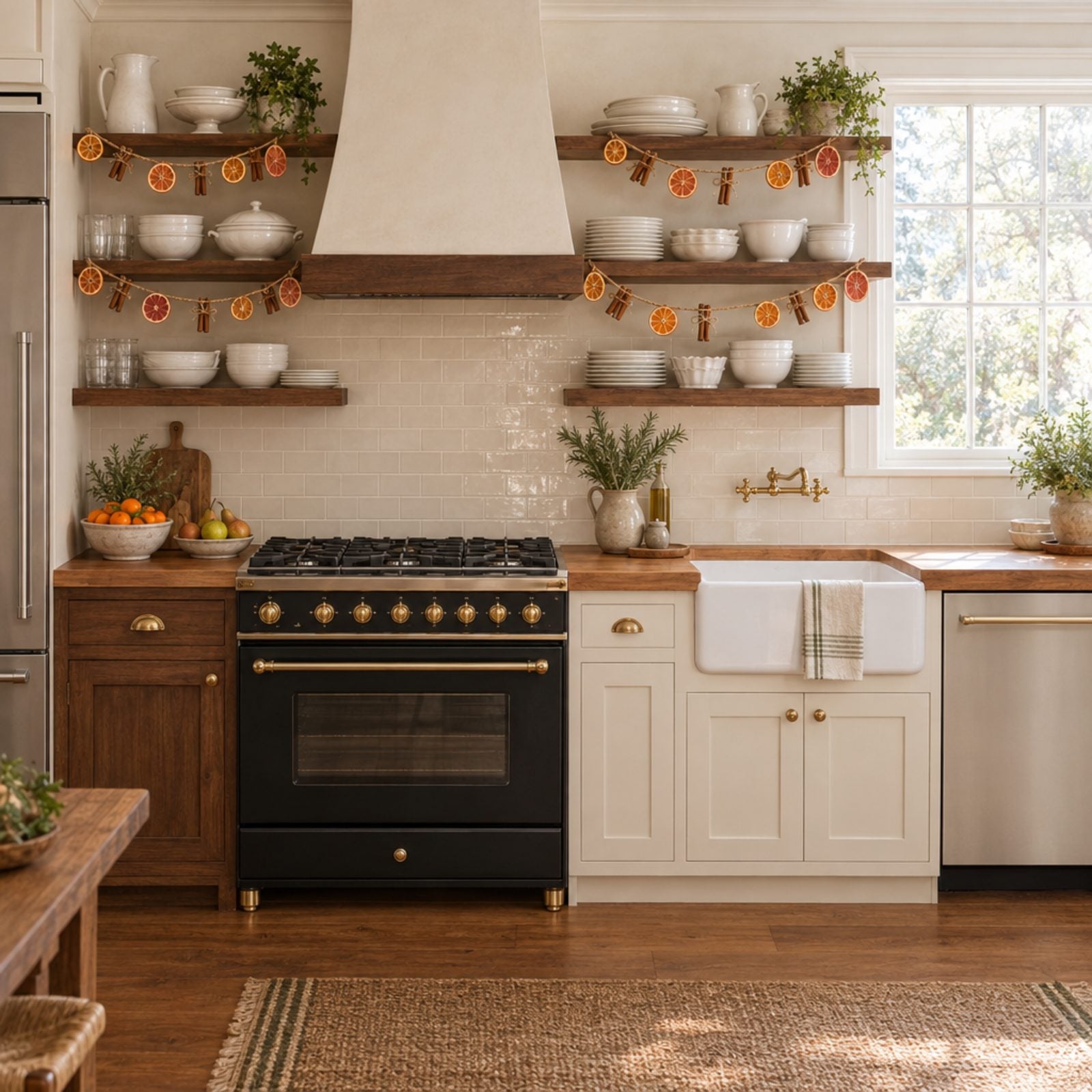 A Rustic Kitchen With Dried Citrus Garlands Across Open Shelves