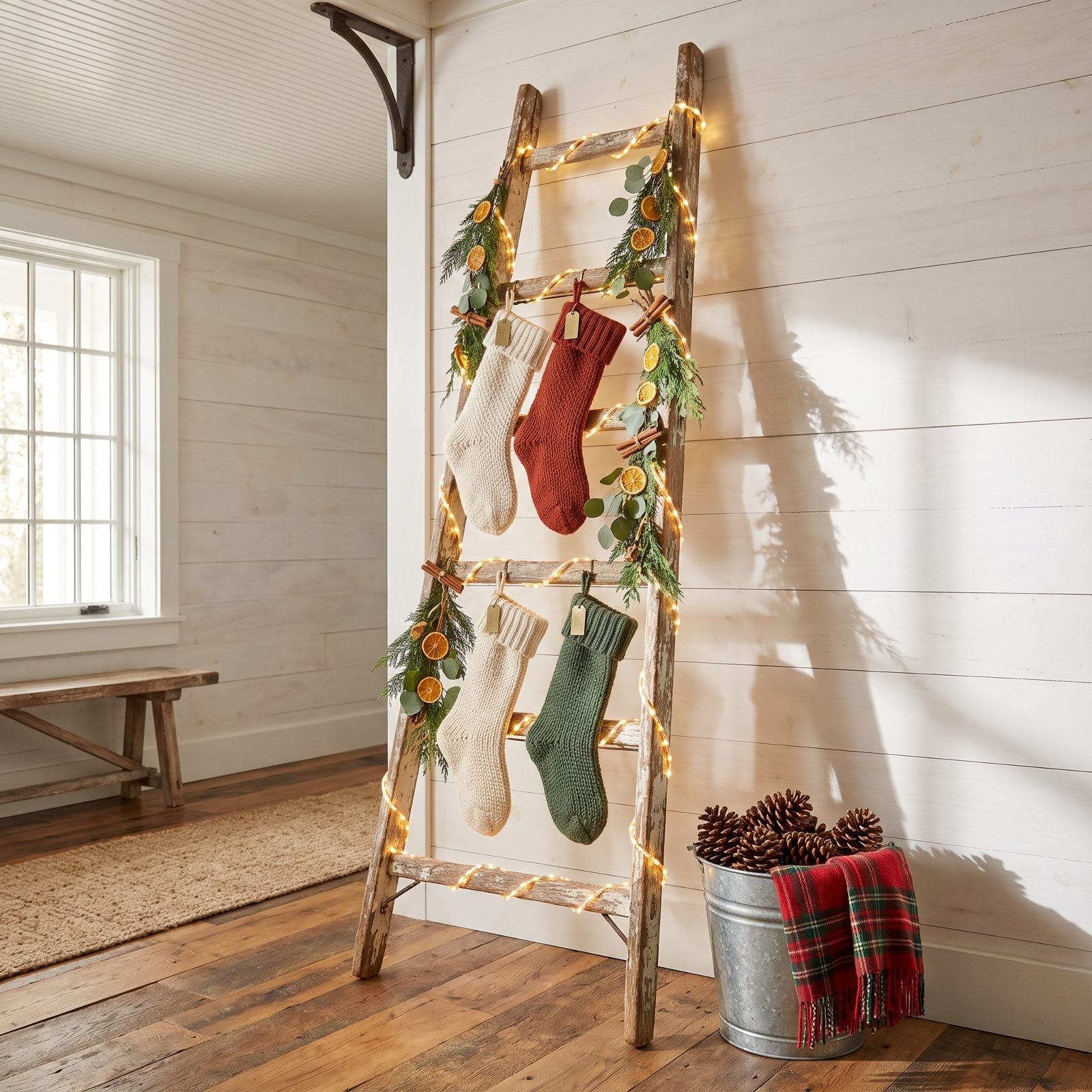 A Rustic Ladder Wrapped in Lights and Stockings