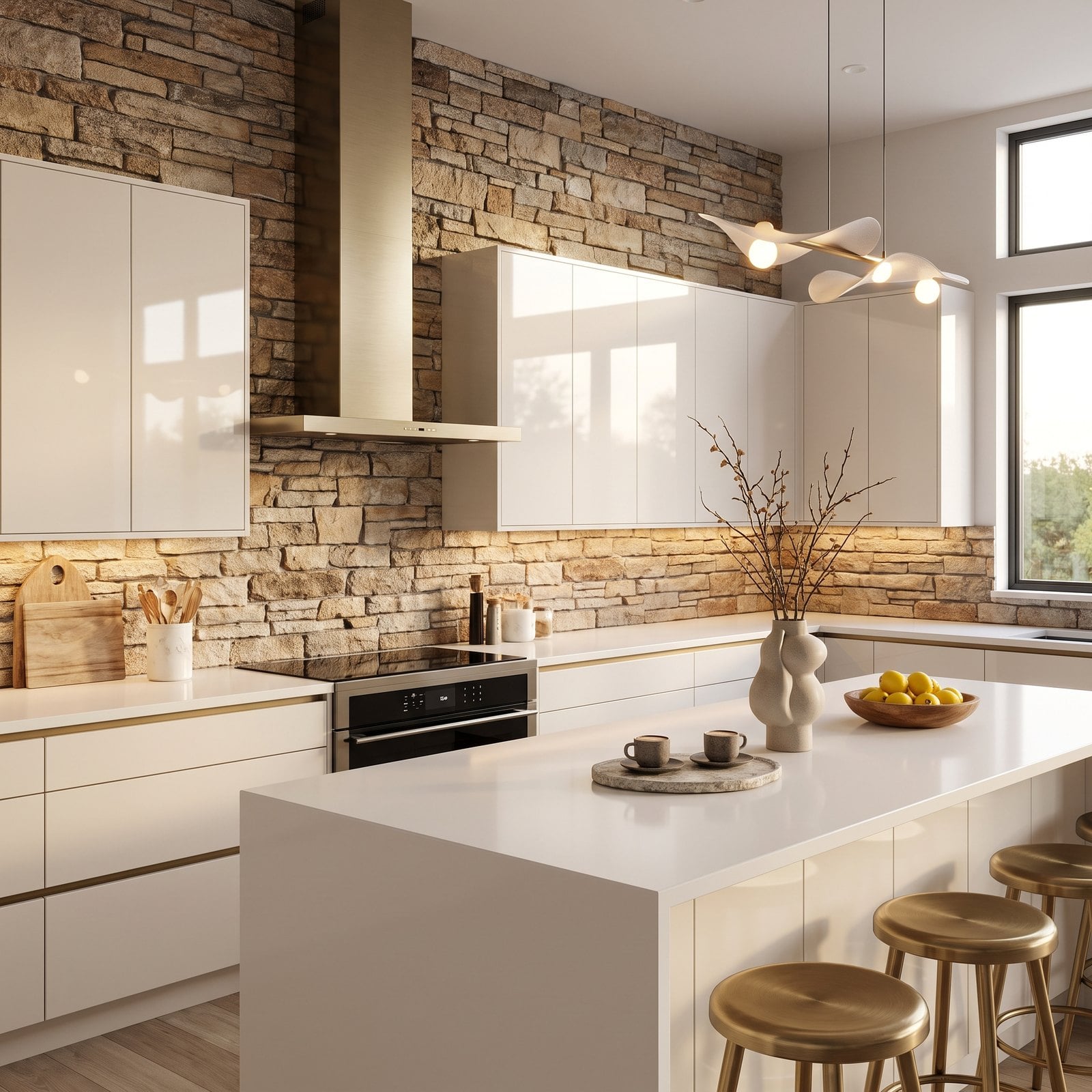 Rustic Stacked Stone Behind a Sleek Modern Range