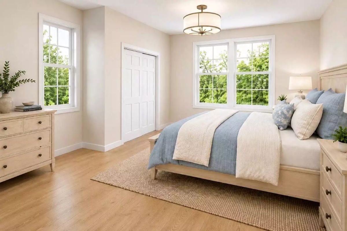 Light Wood, Blue Linen, and Windows That Do All the Work
