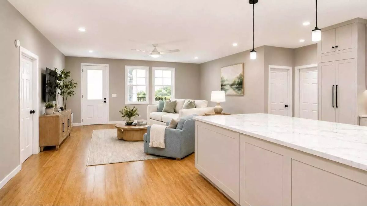 Marble Island, Warm Wood Floors, and a Living Room That Earns Its Light