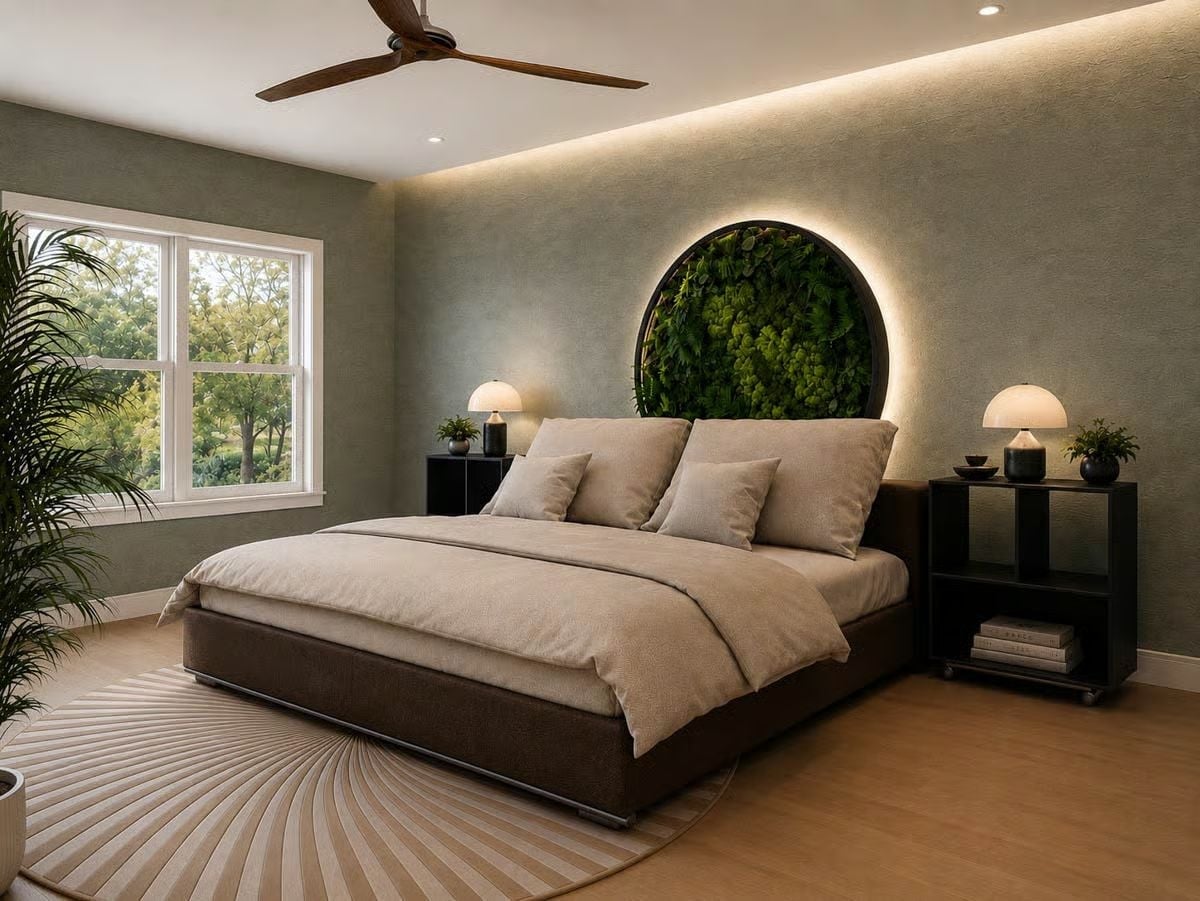 Circular Moss Wall with Backlight Does the Heavy Lifting Behind the Bed