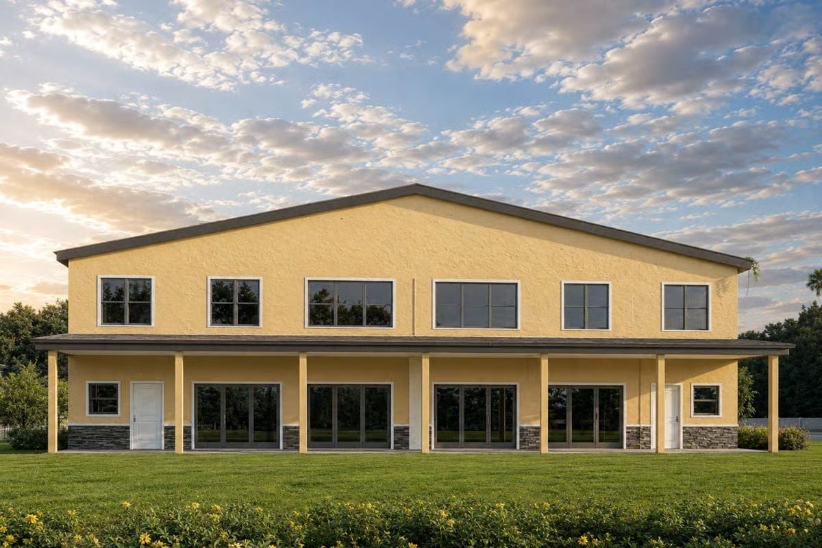 Saffron Stucco and Sliding Glass Done Right Across the Whole Back Elevation