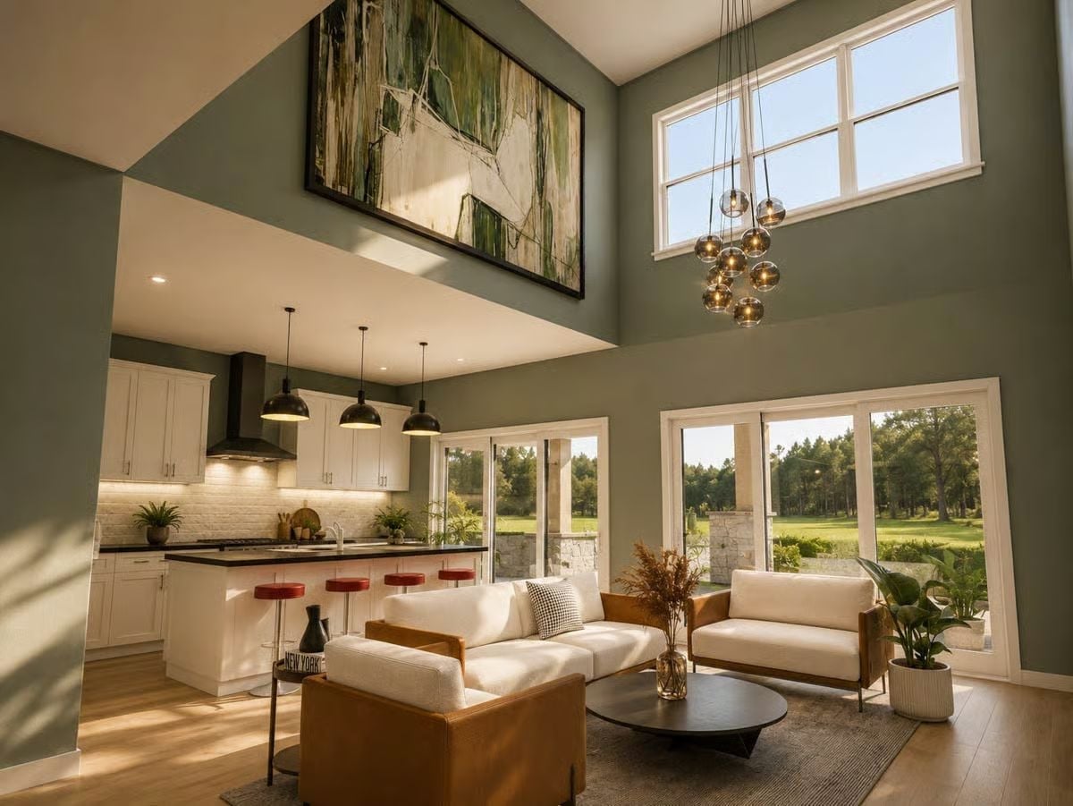Sage Walls, Vaulted Ceiling, and a Pendant Cluster That Knows Exactly What It's Doing