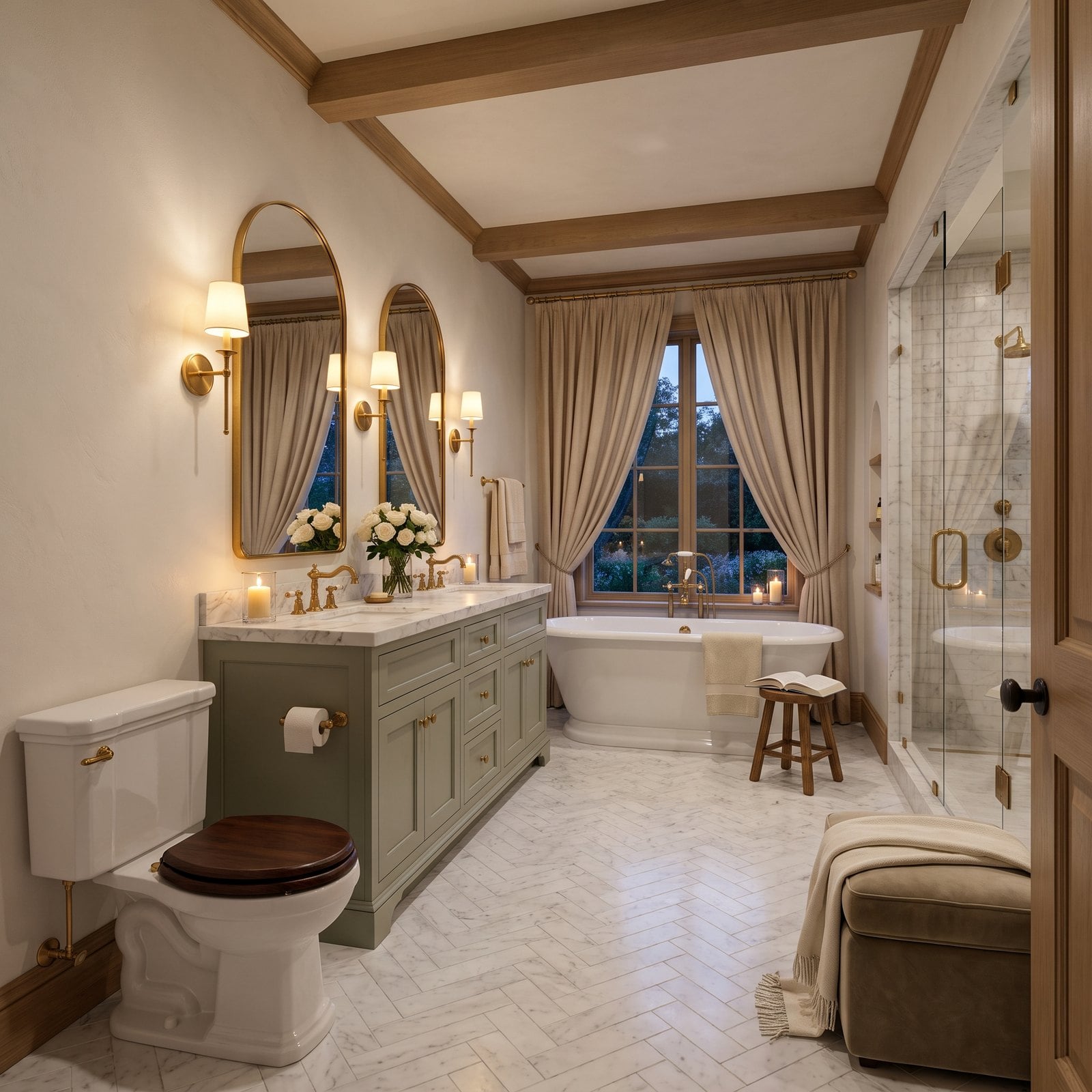 Transitional sage and brass bathroom with a freestanding tub and arched brass mirrors
