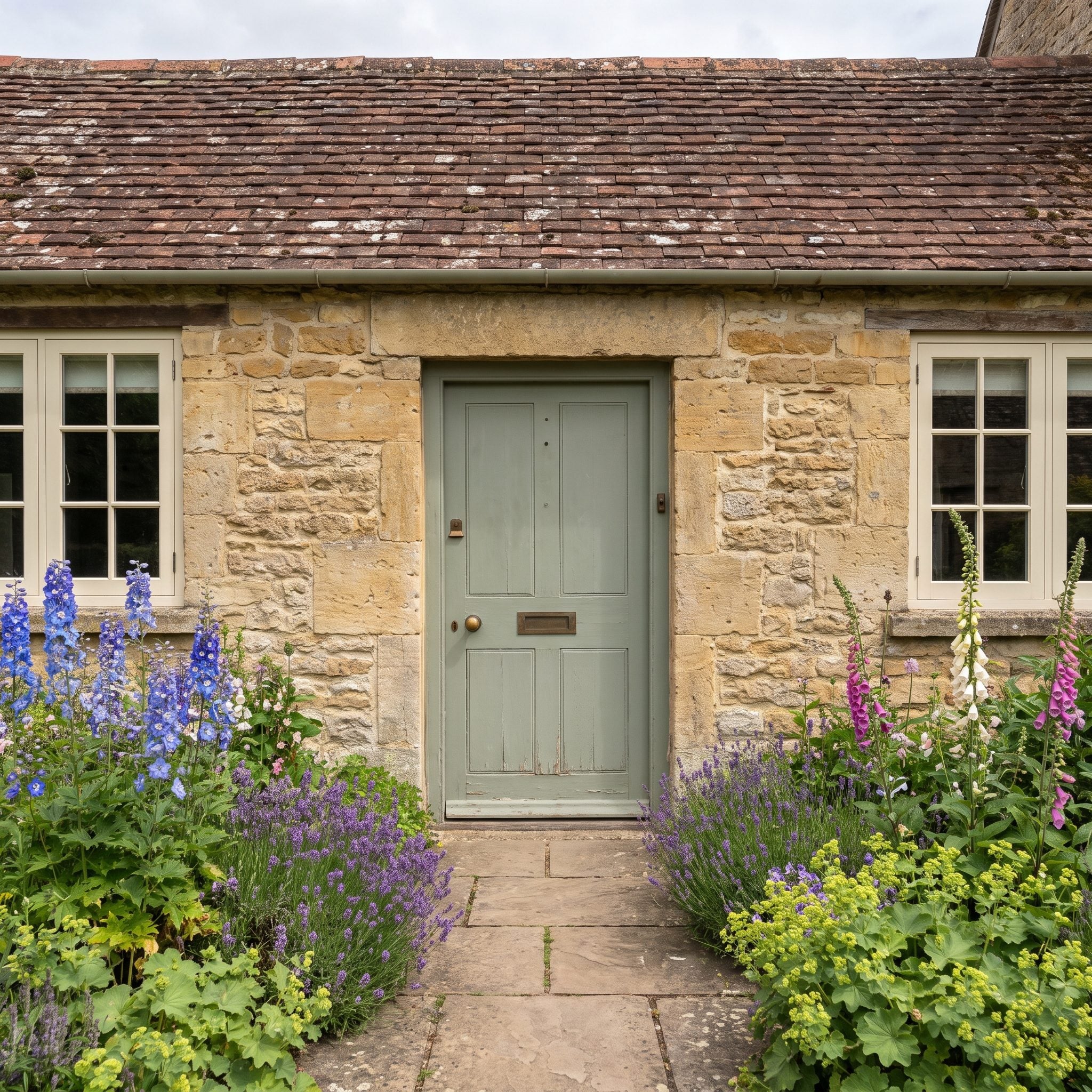 Muted sage-green cottage door surrounded by honey-colored stone and clay roof tiles