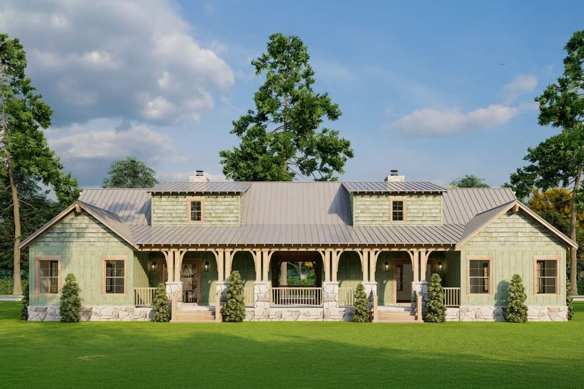 Sage Green Shingles and Stone Piers Make This Porch Hard to Walk Past