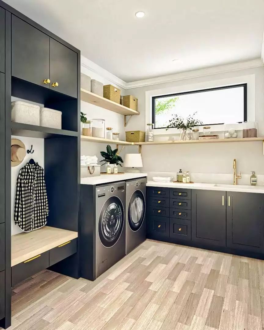 Navy Cabinetry, Brass Hardware, and a Laundry Room That Actually Wants to Be Used