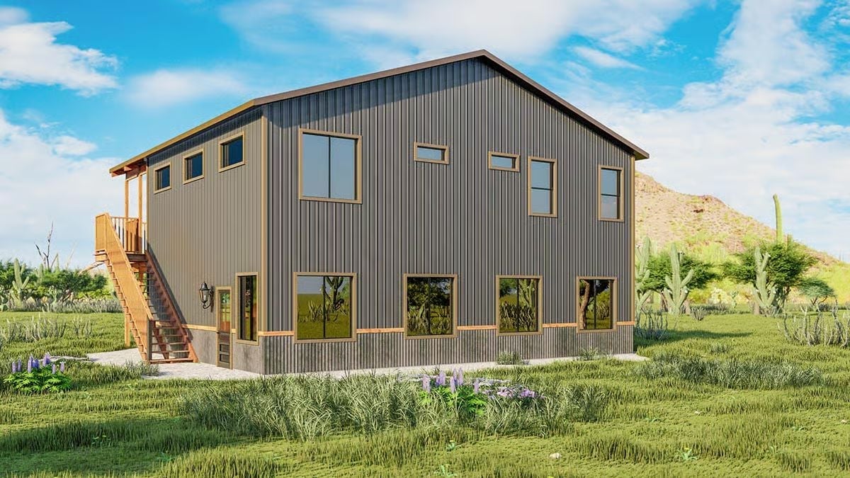 Board-and-Batten Steel Siding with a Staircase That Earns Its Keep