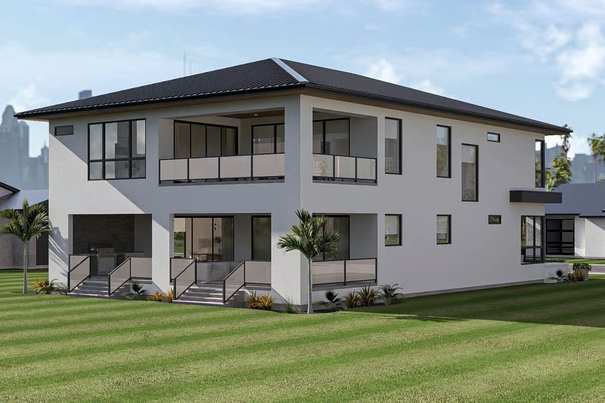 Crisp White Stucco and Black Trim Give This Rear Elevation Real Presence