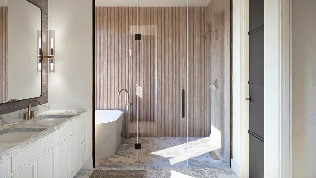 Fluted Wood, Freestanding Tub, and Marble Floors That Belong in a Different Tax Bracket