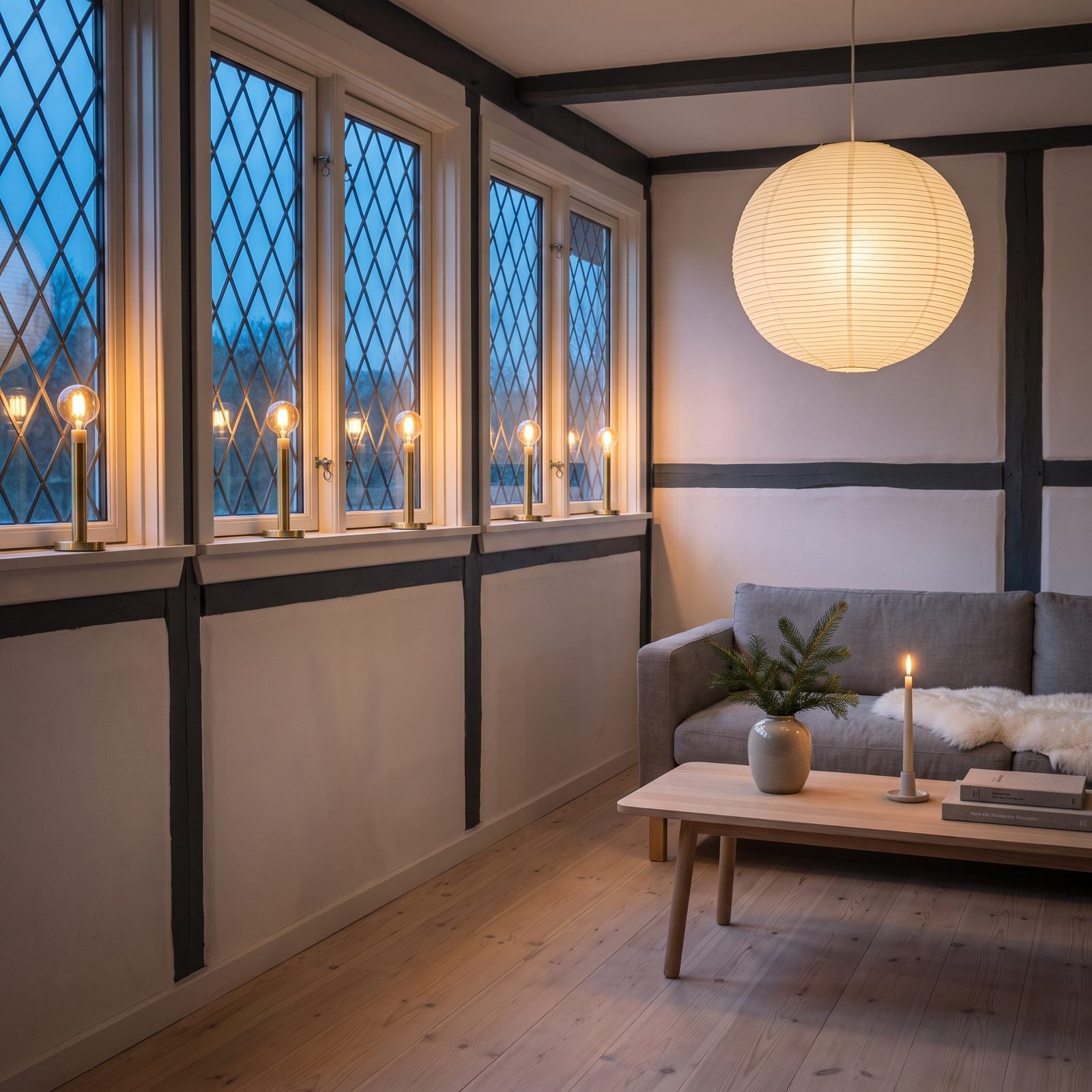A Scandinavian Room with Electric Window Candles
