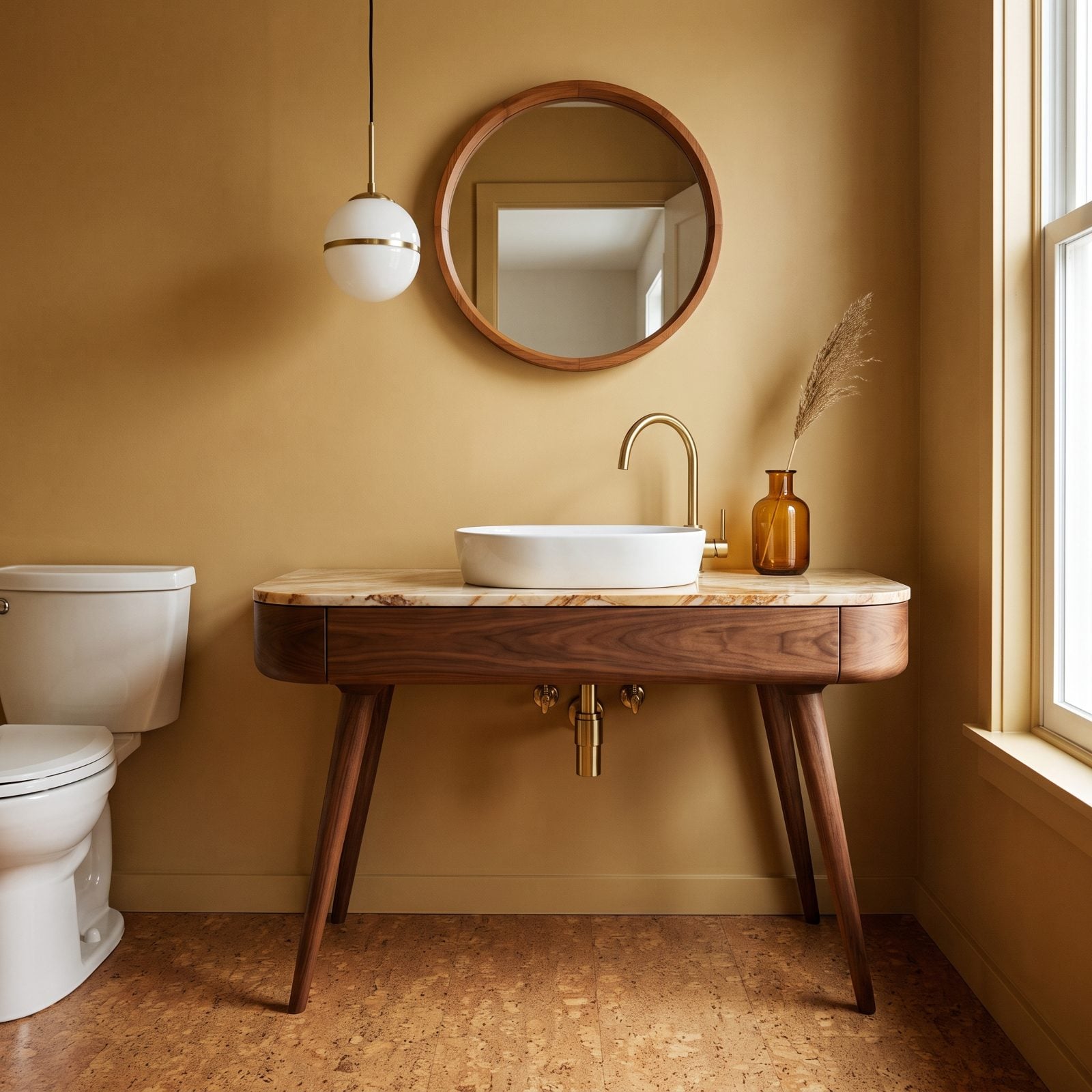A Sculpted Midcentury Walnut Vanity Under a Thin Marble Slab