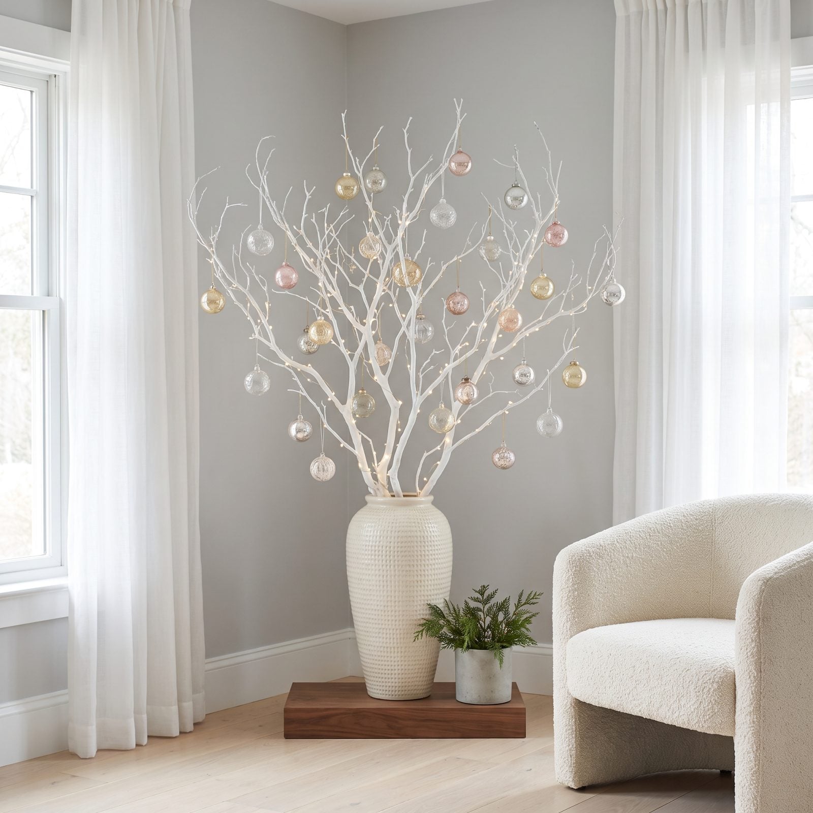 A Sculptural Branch Display Hung With Glass Ornaments