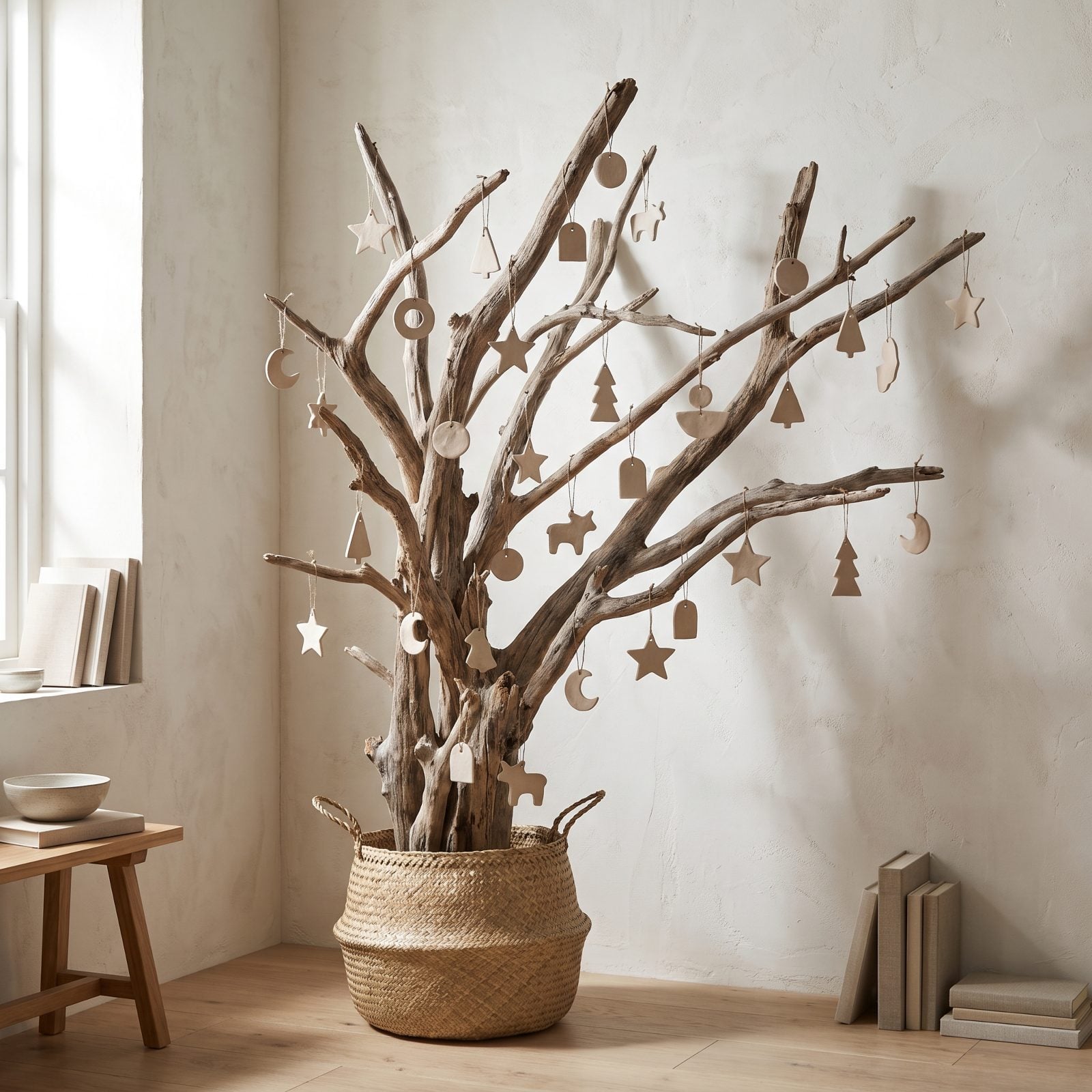 A Sculptural Driftwood Tree With Simple Clay Ornaments