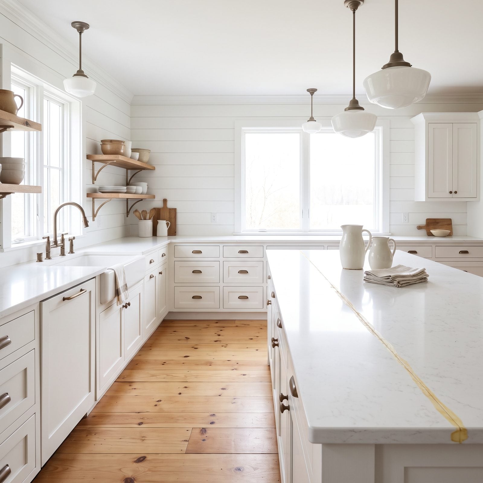 Bright white quartz counter with a seam where the adhesive has yellowed into a visible amber line.