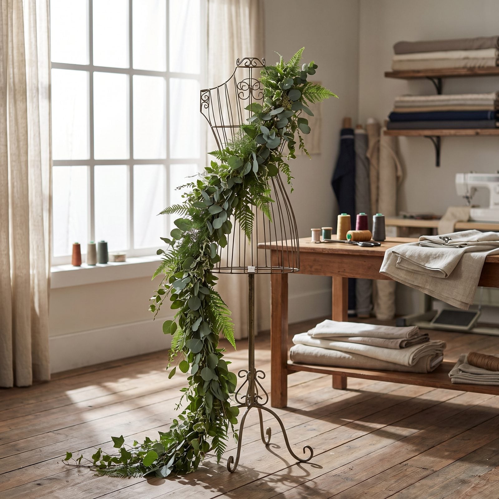 A Sewing Room Dress Form Wrapped in a Greenery Sash