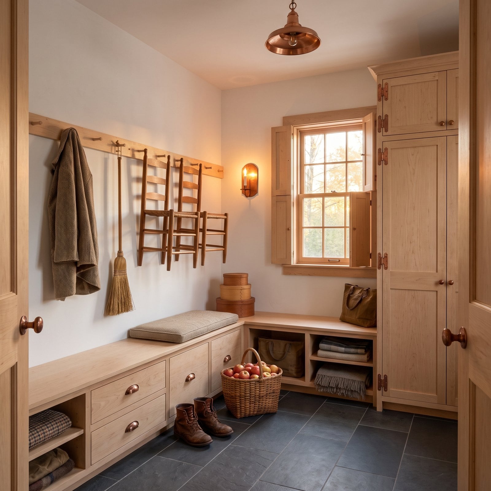 Shaker Simplicity: Birch Peg Rails Above a Slate Floor