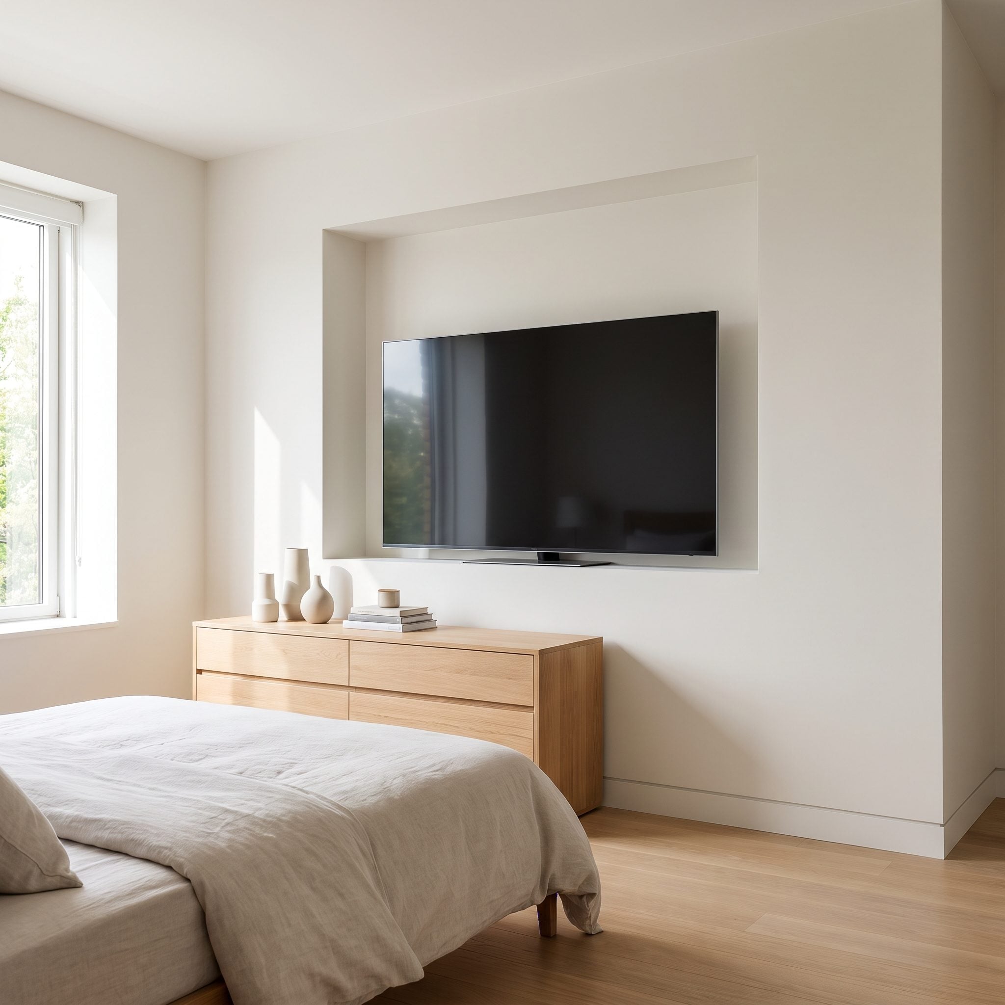 Bedroom television fitted flush into a shallow wall recess above a floating dark oak cabinet