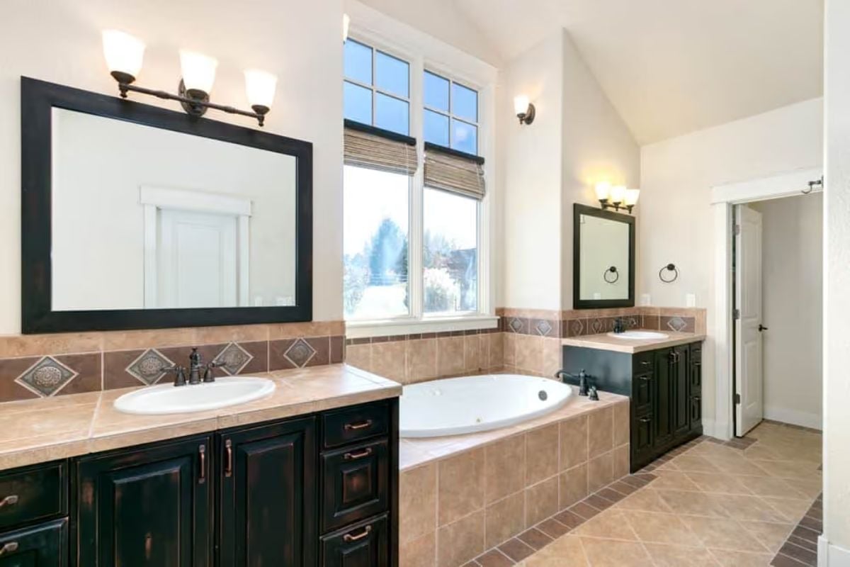 Dark Cabinetry and Diamond Tile Accents That Give This Master Bath Real Character