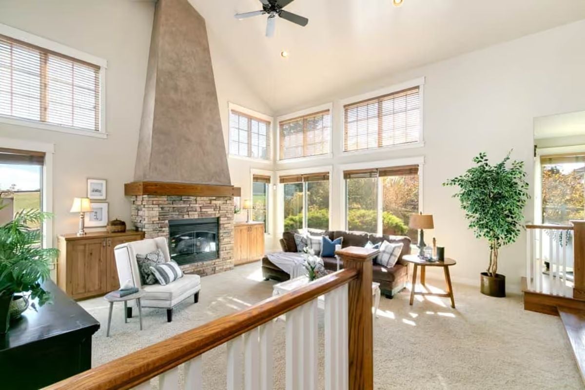 Vaulted Ceilings and a Stone Fireplace That Pull the Whole Room Together