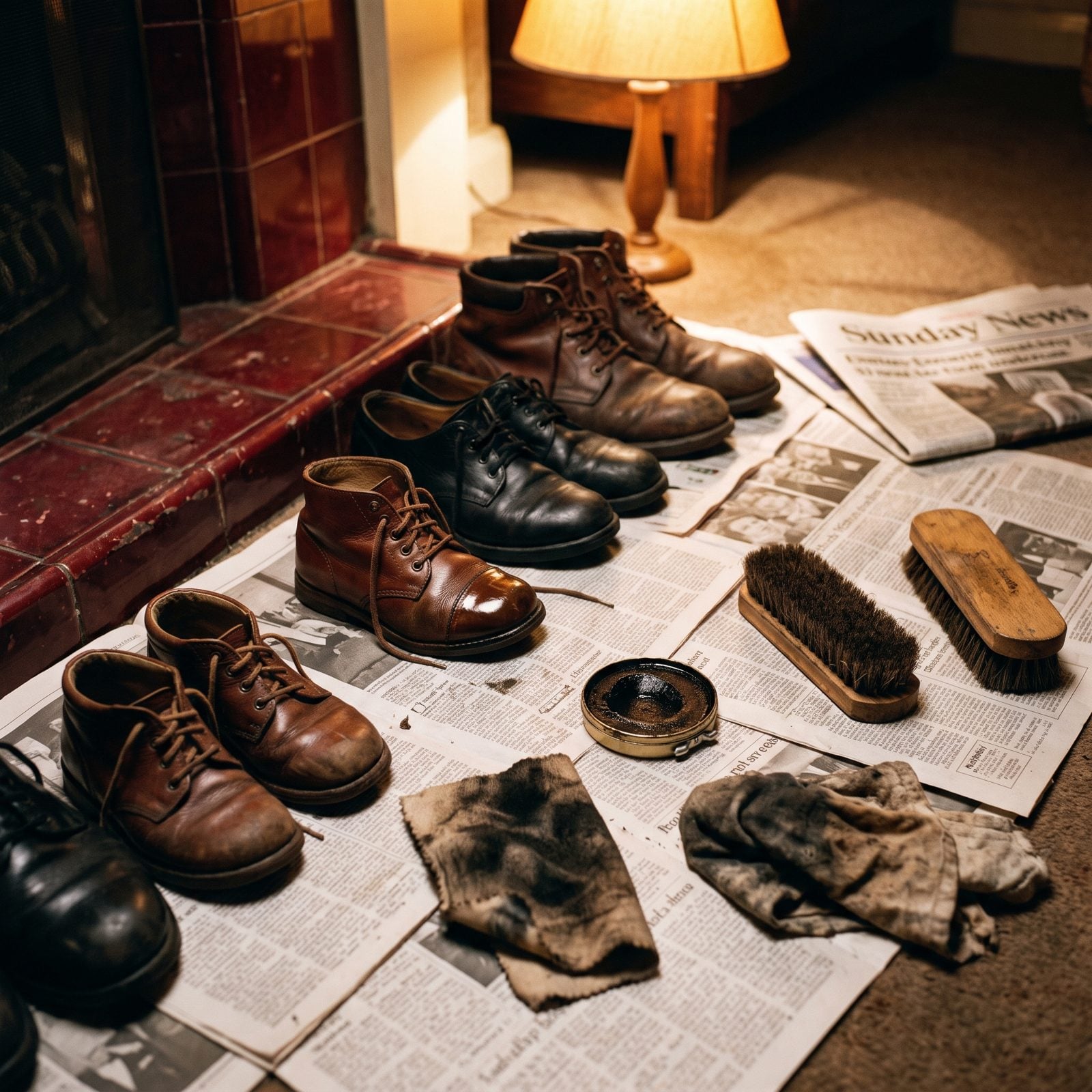 Shoes Polished in a Row on Newspaper Every Sunday Night
