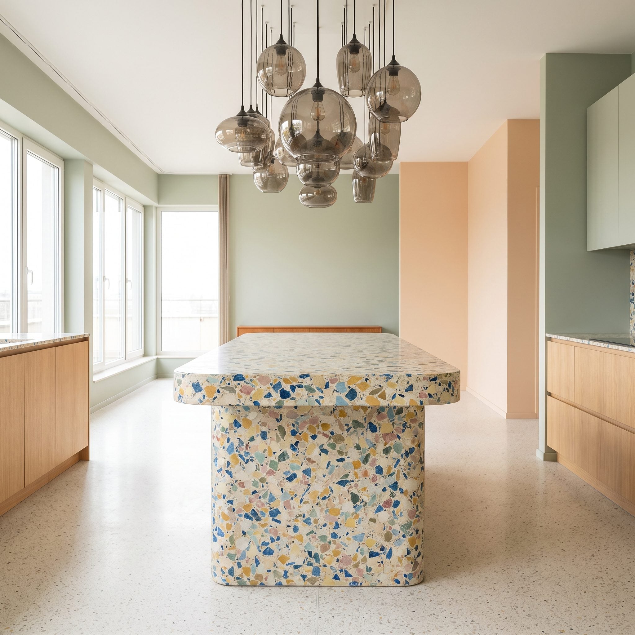 Short Wide Terrazzo Island With a Smoked-Glass Cluster