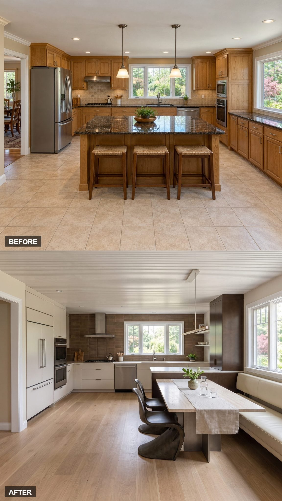 Side-attached dining table with a floating stone top and upholstered bench