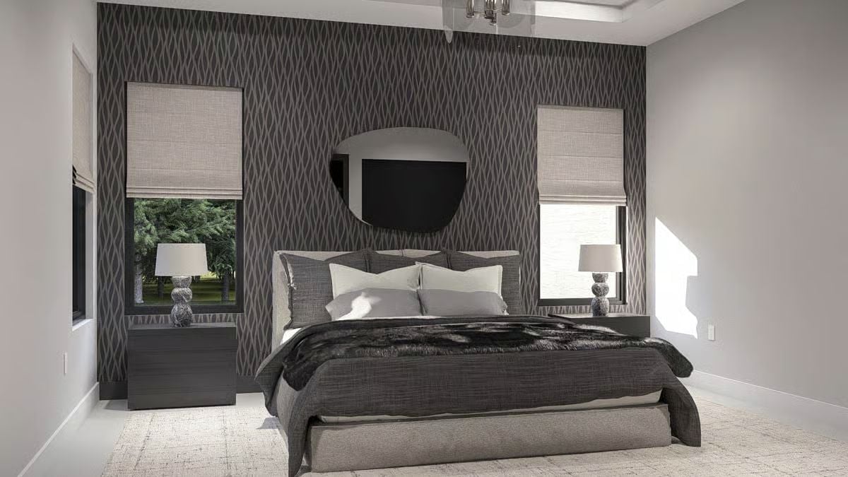 Geometric Wallpaper and a Round Mirror Pull the Whole Monochromatic Scheme Together