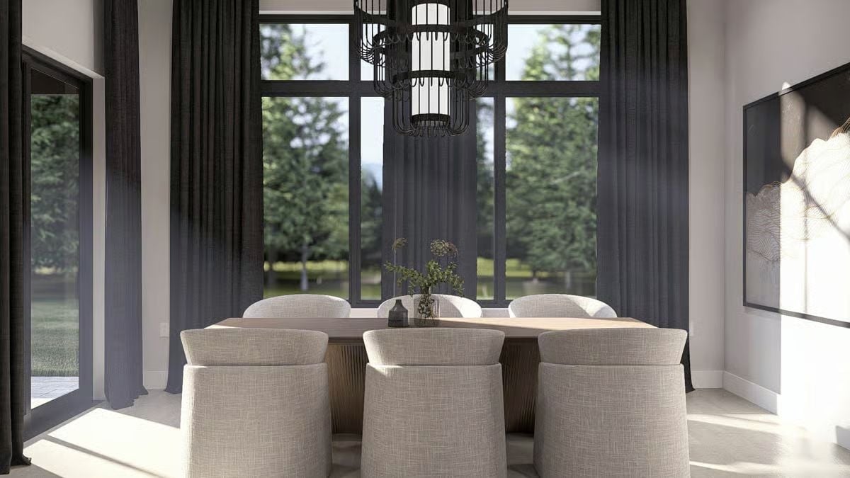 Sheer Curtains, a Sculptural Chandelier, and Trees That Become the Backdrop