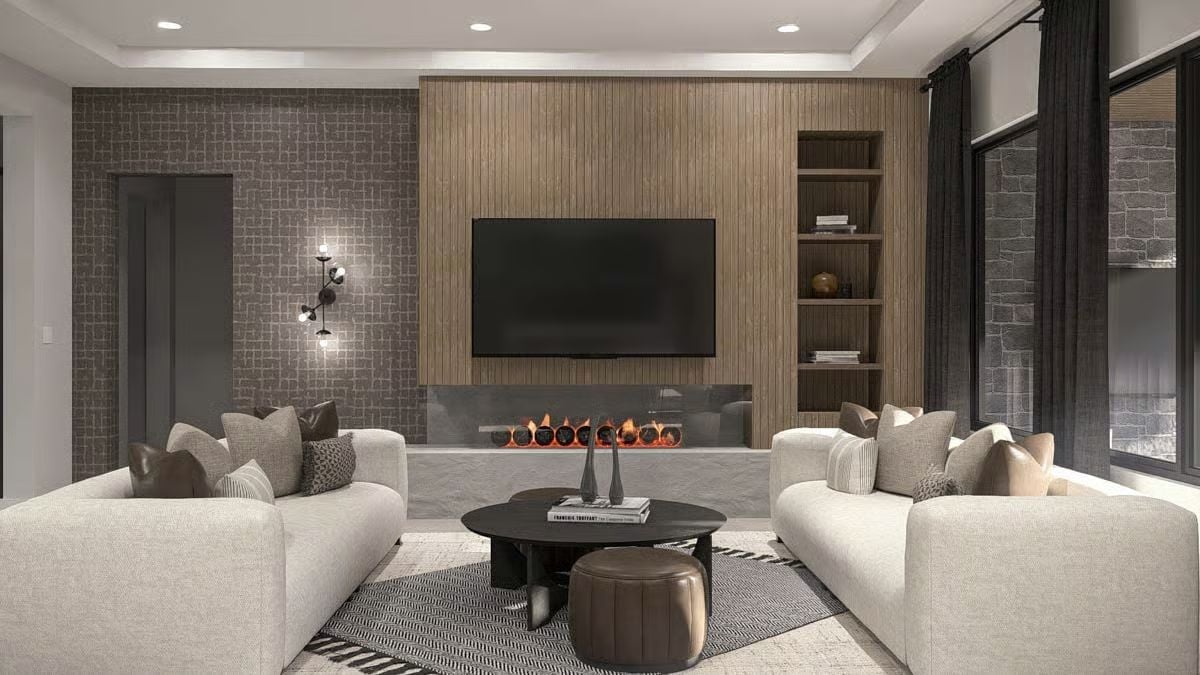 Warm Wood Slat Wall, Glowing Fireplace, and Two Sofas That Mean Business