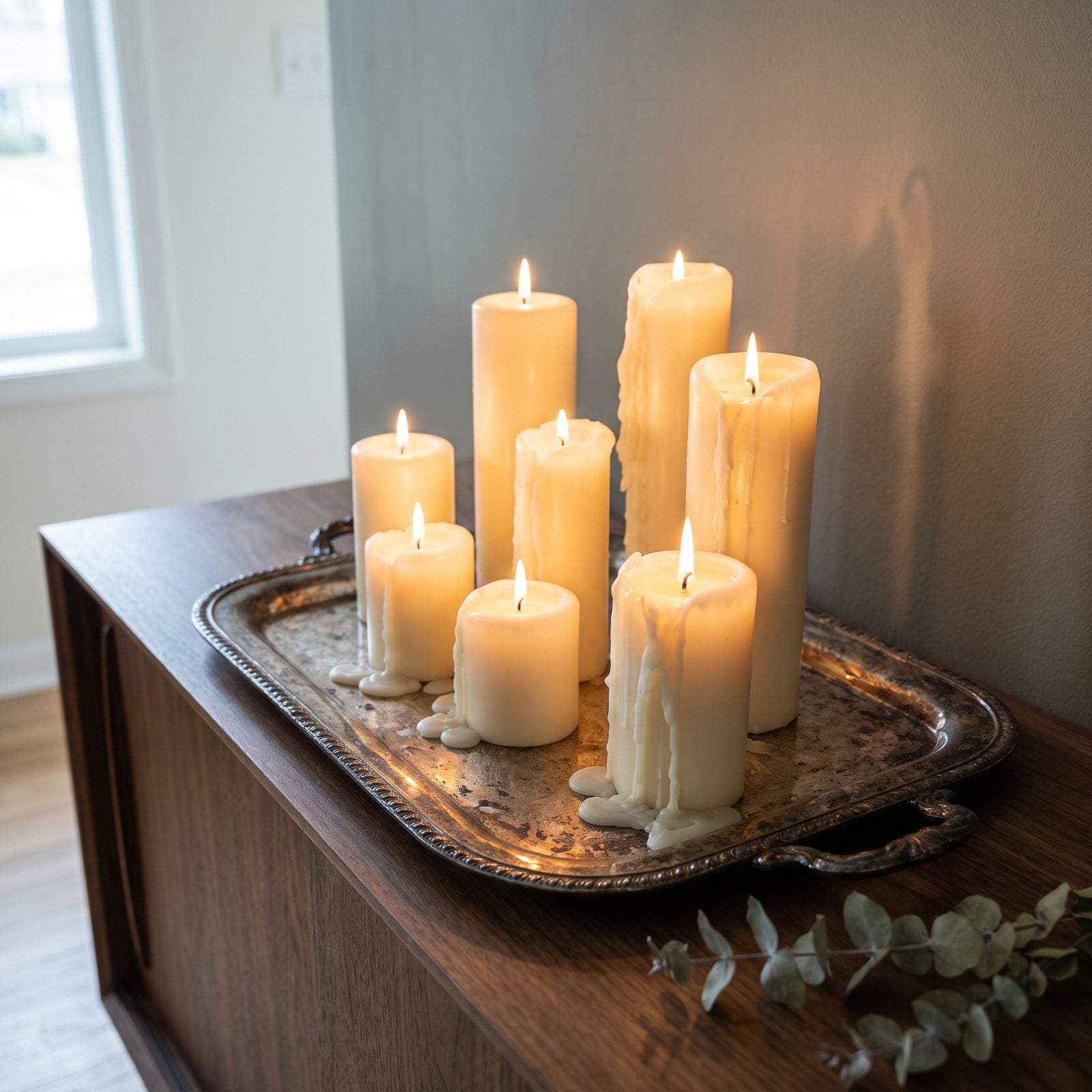 A Silver Tray Crowded with Melting Pillar Candles