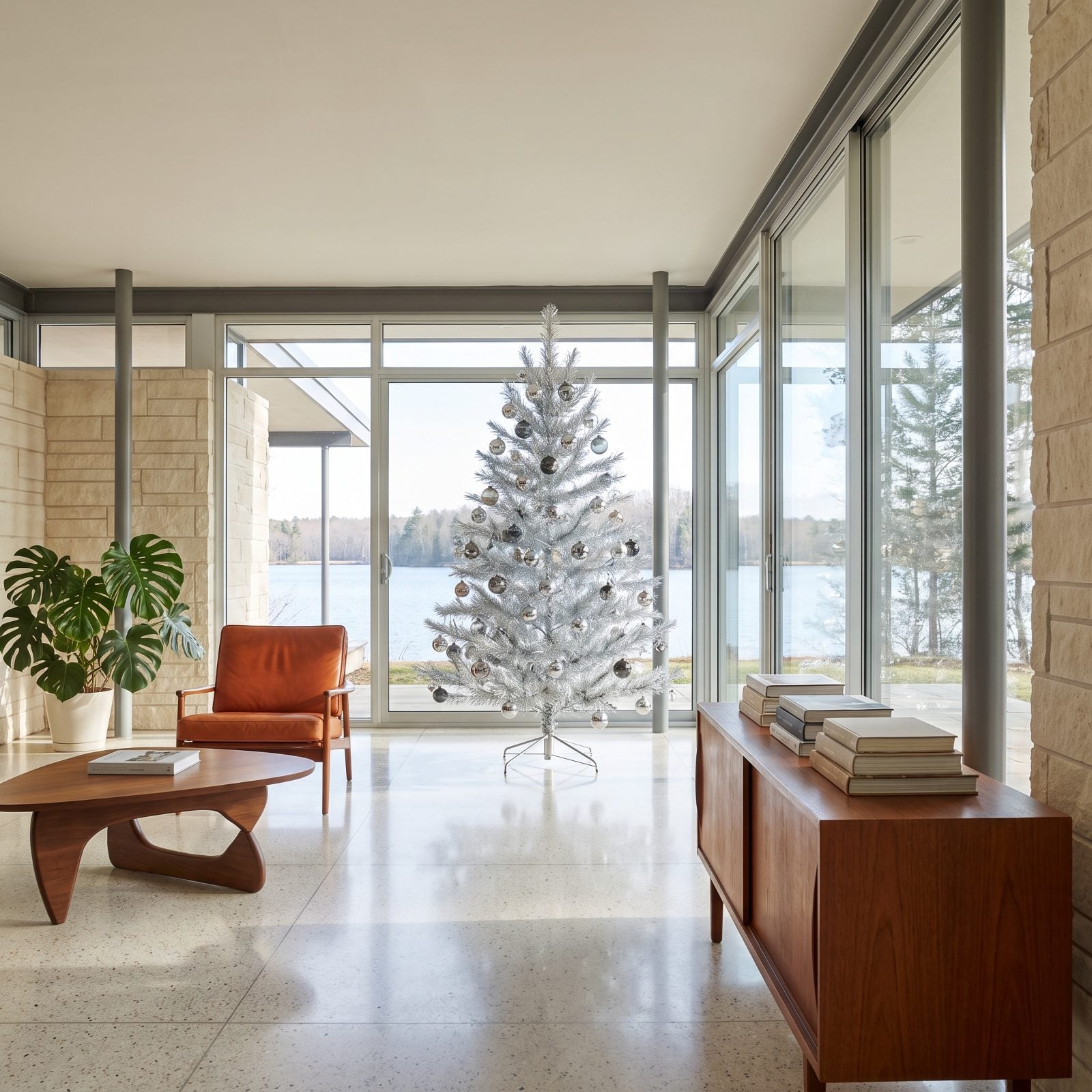 A Silver Tree Reflecting a Midcentury Glass-Walled Room