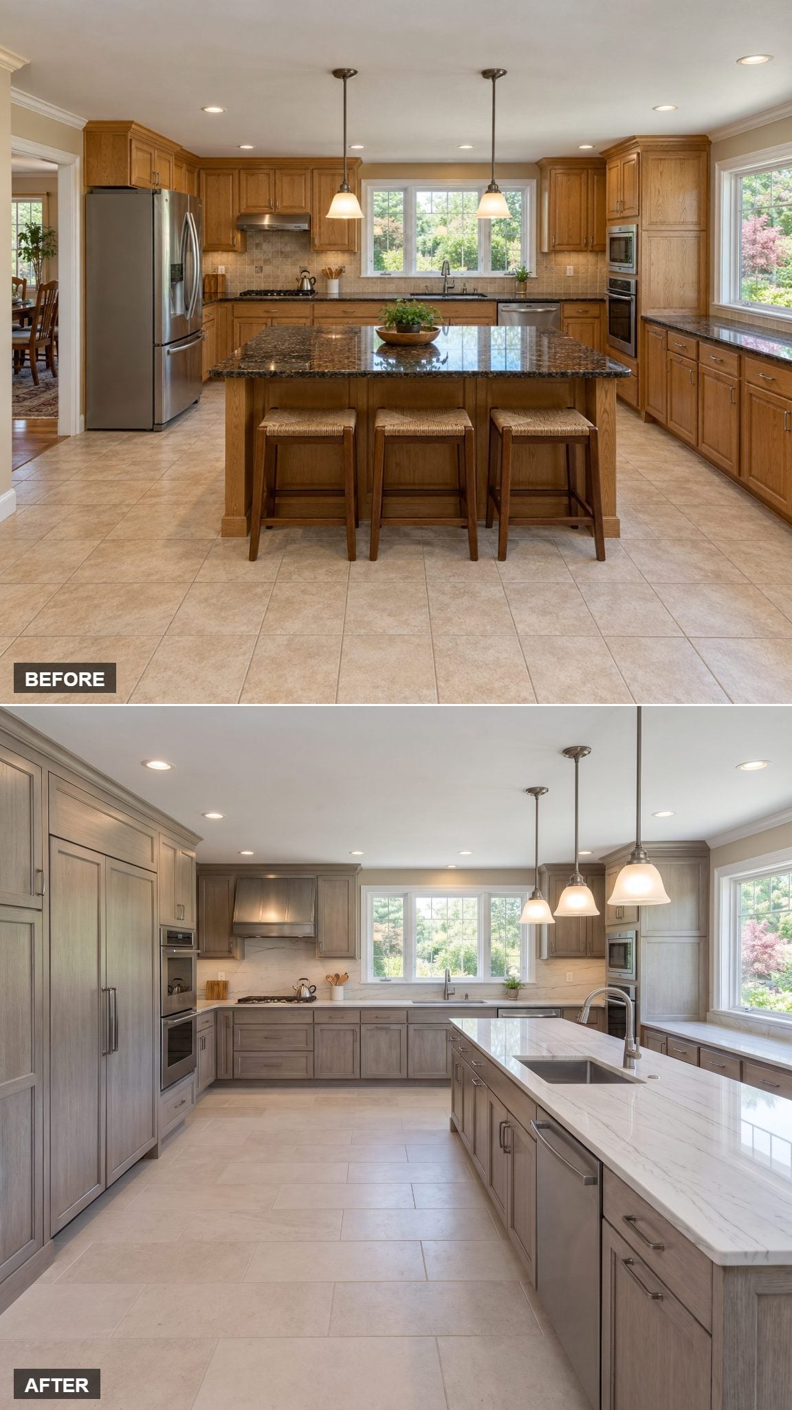 Silvered-Elm Island With a Garden-Facing Sink