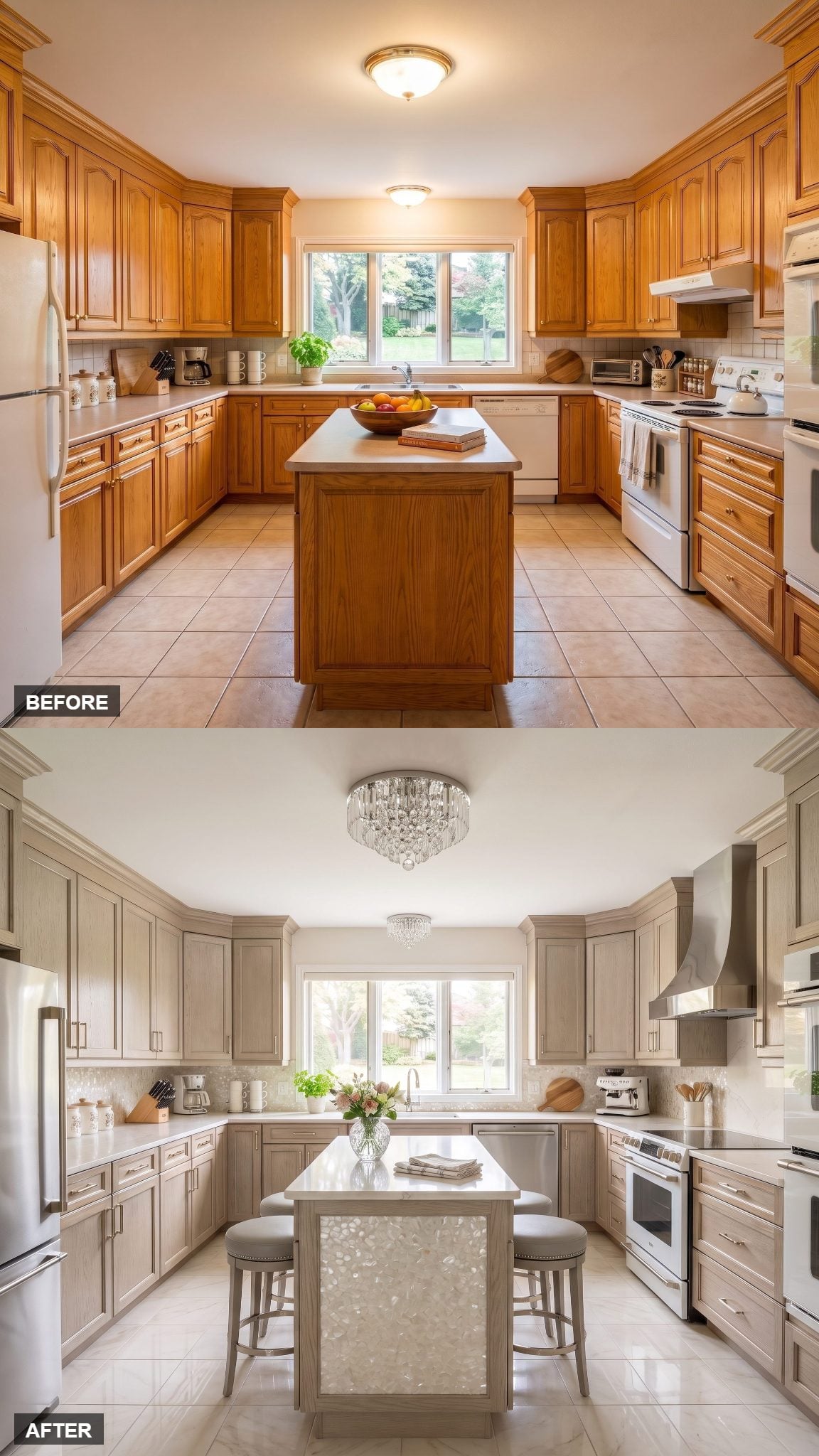 Silvered-beige oak kitchen with iridescent mother-of-pearl surfaces and refined evening lighting