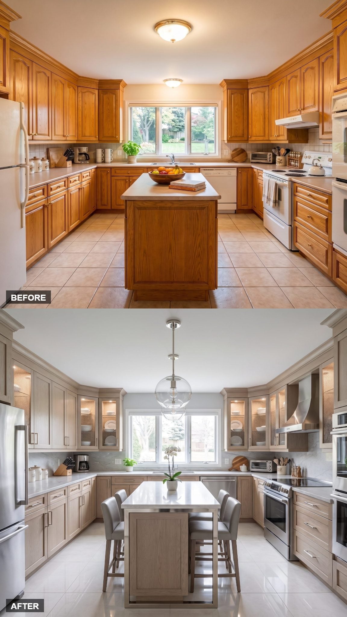 Silvered oak kitchen with illuminated platinum mesh-and-glass upper cabinetry