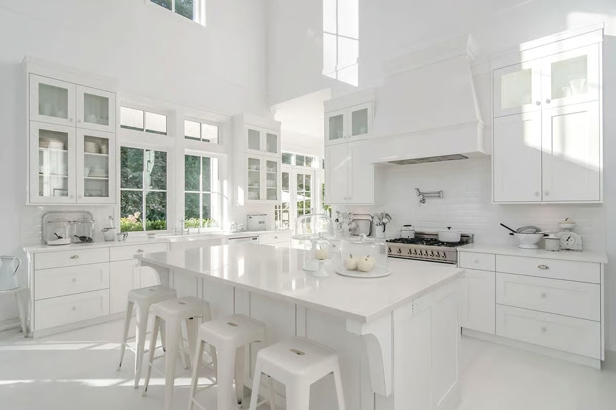 Glossy White Counters and Stools That Pull Up to an Island Built for Crowds