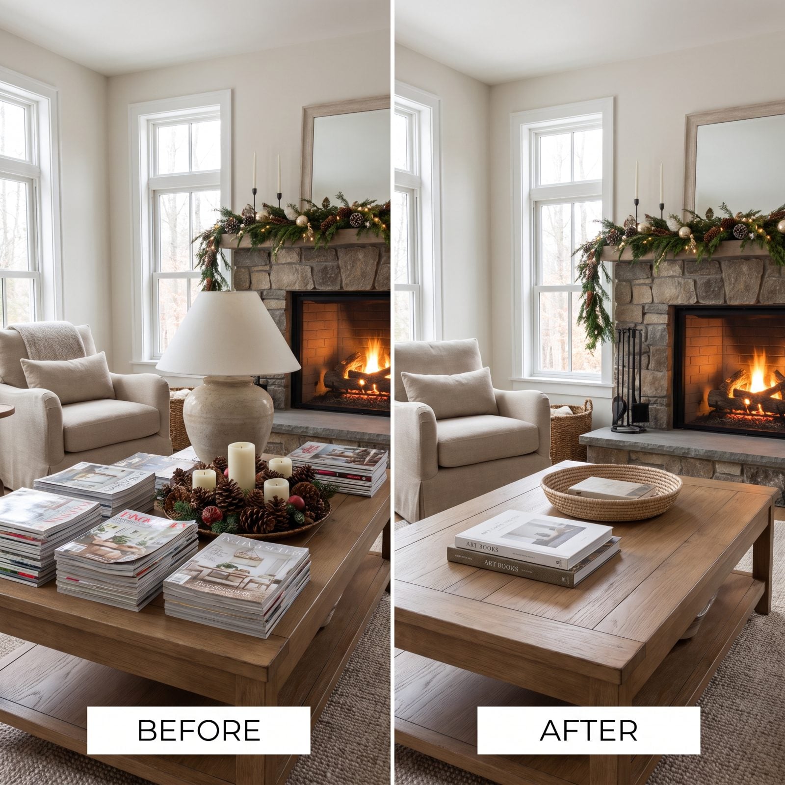 Simplify the Coffee Table to Preserve the Hearth View